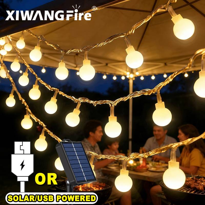 Outdoor Camping Light Portable - 3-10M 태양광/USB/배터리 스트링 조명, 요정 글로브
